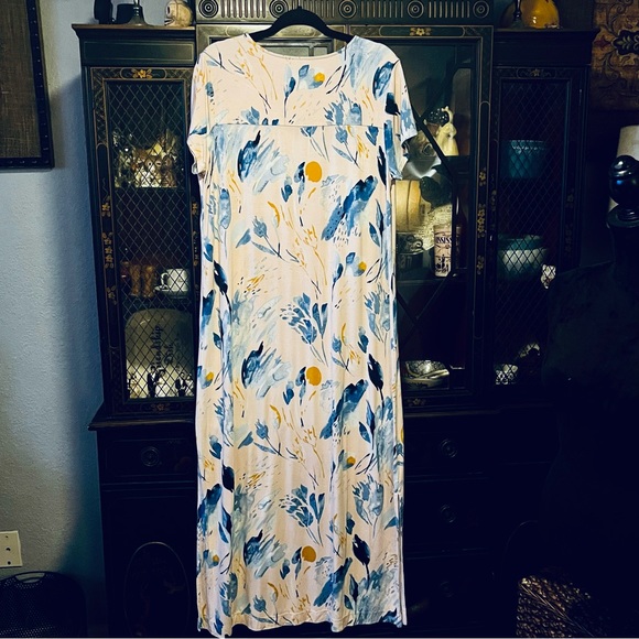 Soma Long Maxi Nightgown Yellow Print Size Large Side Slits - Picture 7 of 12